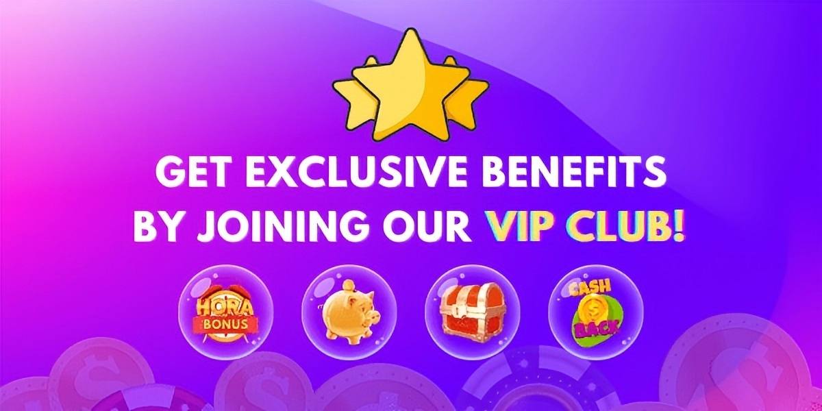 VIP club banner with golden stars and perk badges for hourly bonus, savings, chest rewards and cashback