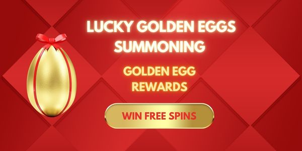 Lucky golden eggs banner with a red-ribboned golden egg and free spin reward text